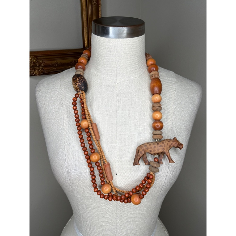 CAROLYN TANNER DESIGNS Necklace Brown Wood Carved Leopard Safari‎ Women's OS
